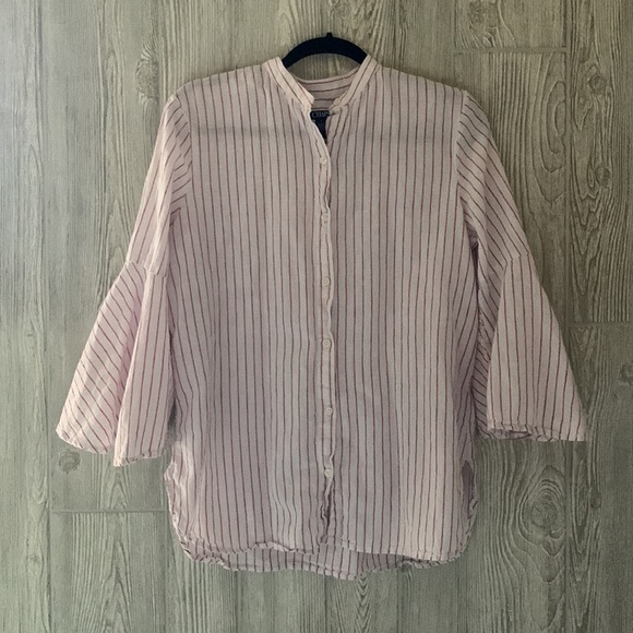 Chaps Linen Blend Bell Sleeve Red and White Pin Stripe Button Down Blouse M - Picture 1 of 9